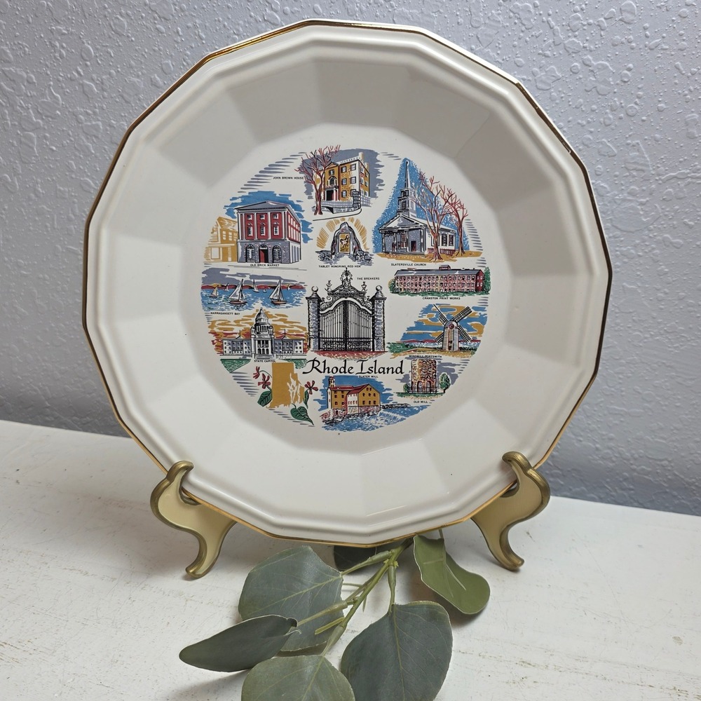 Vintage 1975 Homer Laughlin Rhode Island Souvenir Plate‎ Octagonal Gold Rim USA